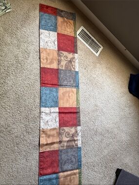 Patchwork Scroll Table Runner in Red, Blue, Tan, Gray, Cream